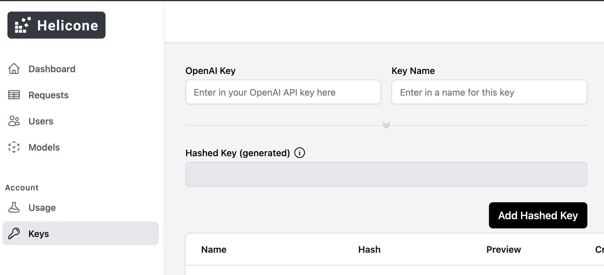 在 Helicone 仪表板中输入和管理 OpenAI API 密钥的界面。