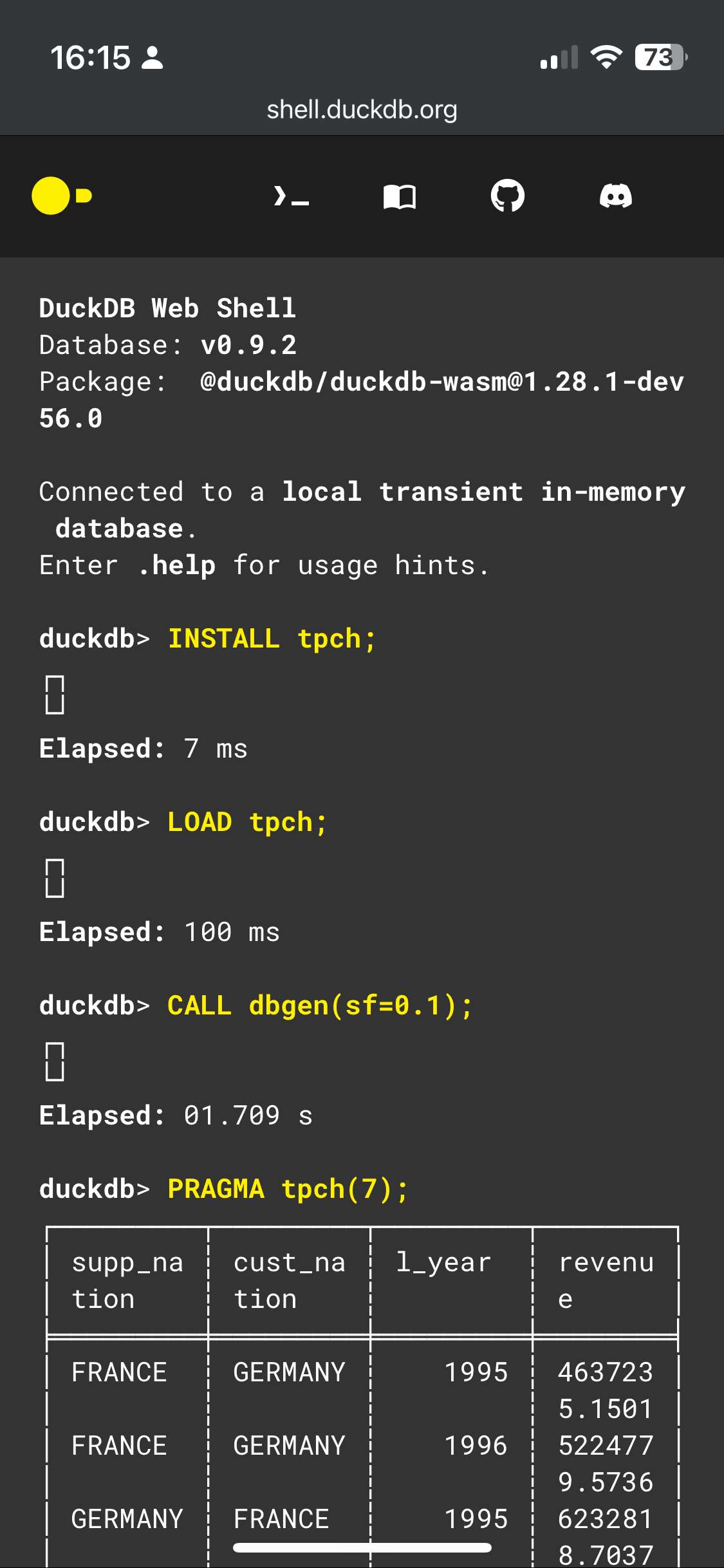 Wasm shell using the TPC-H extension on iOS