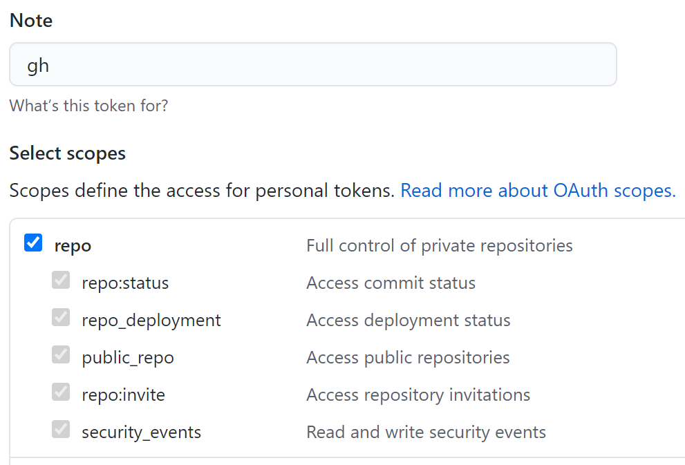 Personal access token screen