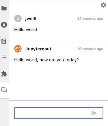 向Jupyternaut发送“Hello world”消息的示例屏幕截图，Jupyternaut回应“Hello world, how are you today?”
