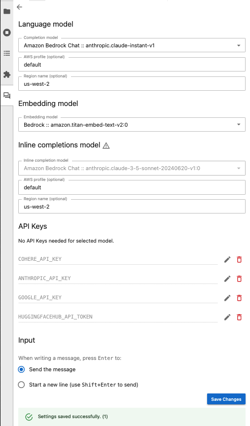 Jupyter AI 聊天面板的截图，其中选择了基础语言模型和嵌入模型。