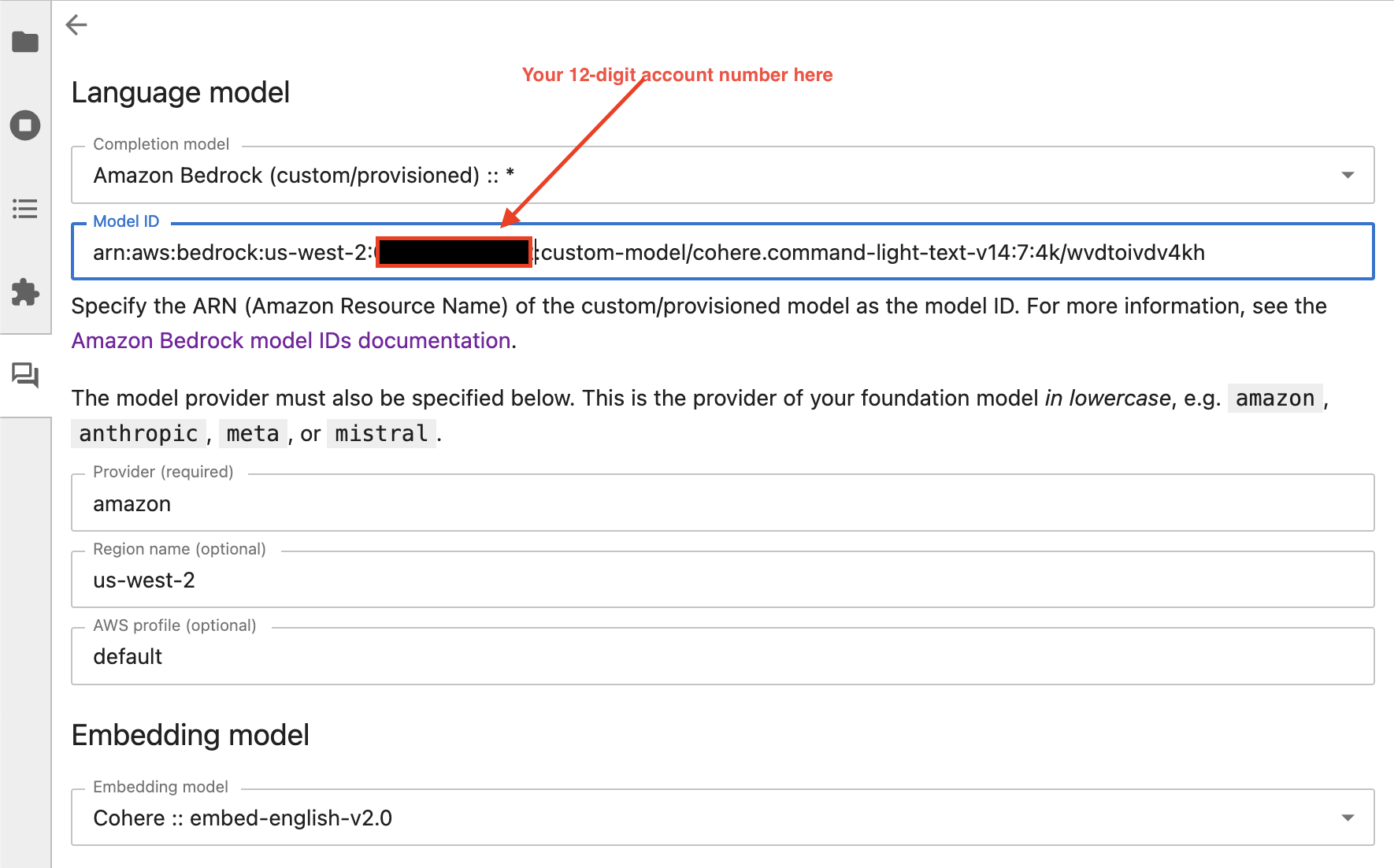 Jupyter AI 聊天面板的截图，其中使用模型 arn 选择了自定义模型。