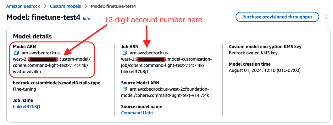Bedrock 控制台中 Bedrock 微调模型 ARN 的截图。
