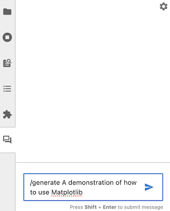 Jupyter AI中显示的提示“/generate 如何使用Matplotlib的演示”的屏幕截图