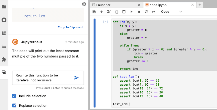 Jupyter AI的屏幕截图，显示一个Python函数被选中，用户输入的提示是“将此函数重写为迭代的，而不是递归的”，并且用户选择了在消息中包含所选内容并用响应替换所选内容。