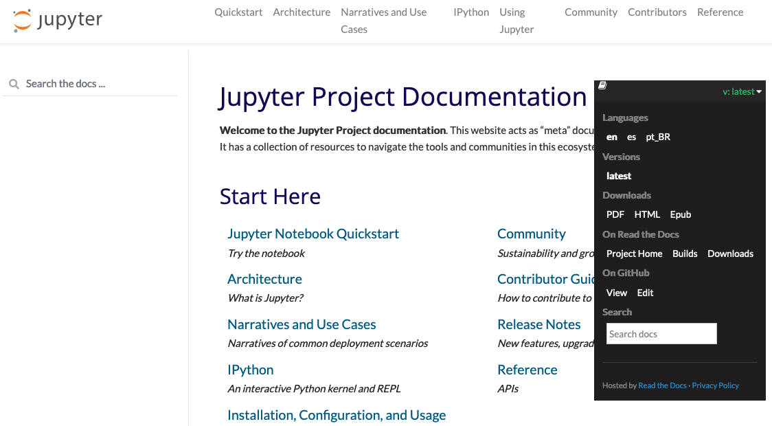 Project Jupyter 文档站点，右侧打开的 ReadTheDocs 弹出窗口显示了其他语言的文档链接。