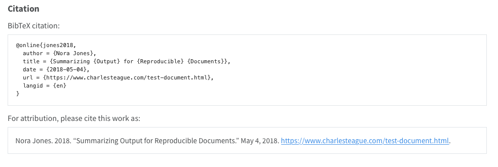 引用附录的外观，包含 BibTeX 引用和纯文本引用，用于归属。