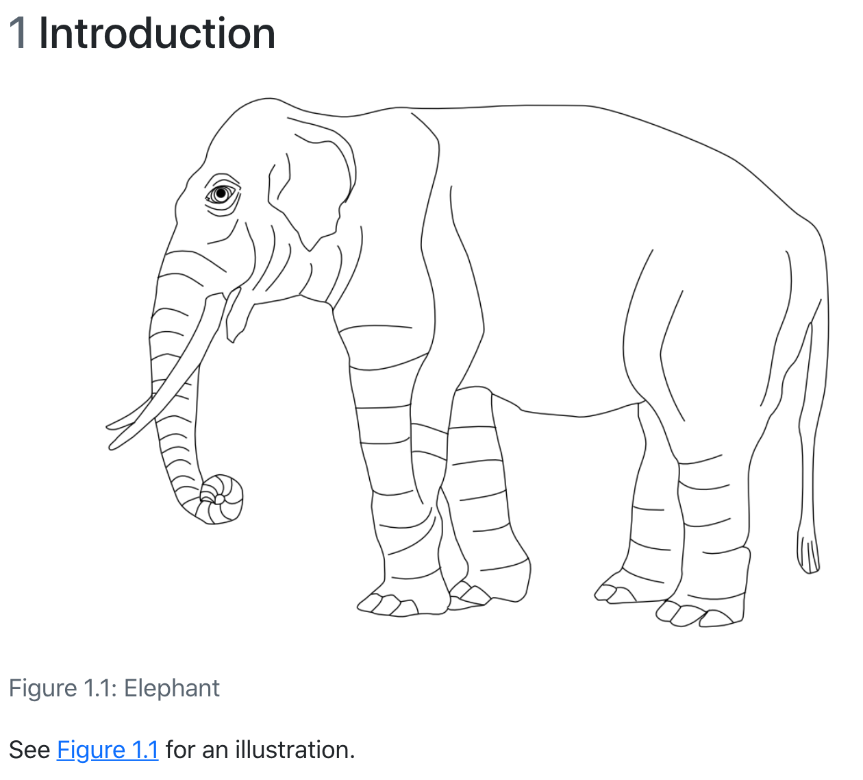 一只大象的线条画。上方是大号粗体的文本 '1 引言'。标签 '图 1.1：大象' 在其下方居中。文本 '参见图 1.1 以获取插图' 在下方左对齐。