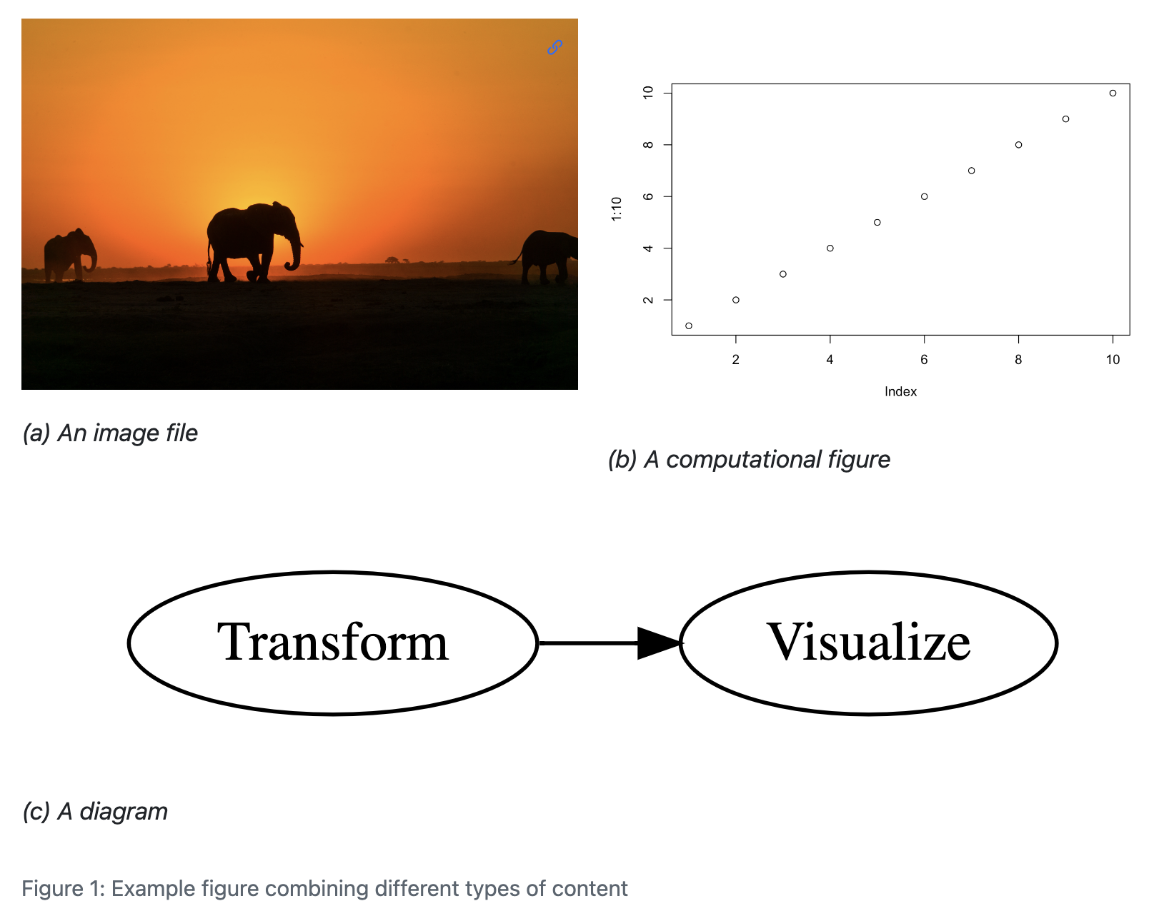 一个包含两行的图表布局截图。上排有两列：左边是一张大象在日落背景下剪影的图片，标题为（a）一张图片文件；右边是一个散点图，标题为（b）一个计算图表。下排是一个流程图，节点 Transform 连接到节点 Visualize，标题为（c）一个图表。布局下方是标题：图 1：结合不同类型内容的示例图表。