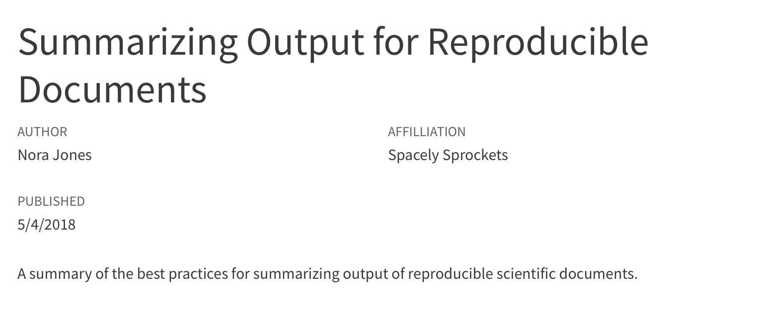 文档标题区块显示：可重复文档的输出总结。下方为作者（Nora Jones）、隶属关系（Spacely Sprockets）、发布日期（2018年5月4日）。再下方是一个描述，内容为：总结可重复科学文档输出的最佳实践。