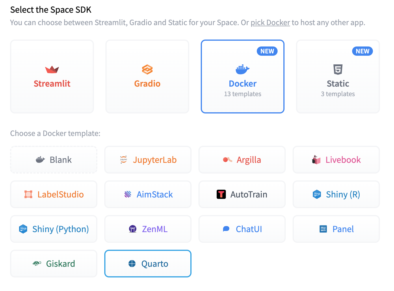 Hugging Face Space 选择屏幕的截图，显示 Docker 被选为 SDK，Quarto 被选为 Docker 模板。