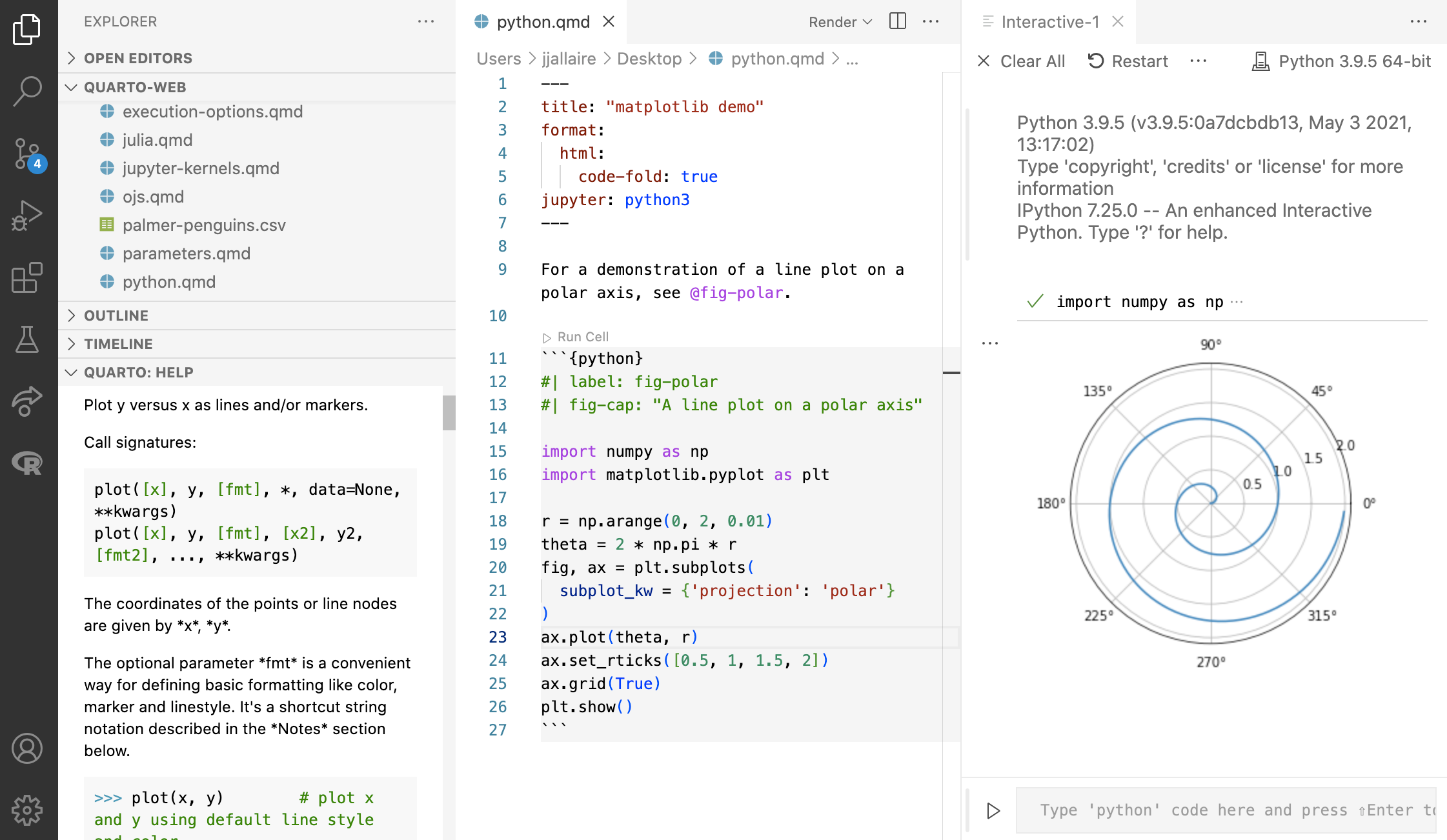 VS Code 编辑器的屏幕截图，分为三个垂直部分。最左边包括文件资源管理器和 Quarto 帮助。第二个窗格是包含 Python 代码的 Quarto 文件的源代码。第三个窗格是交互式的，正在运行 Python 并显示代码单元格的输出。