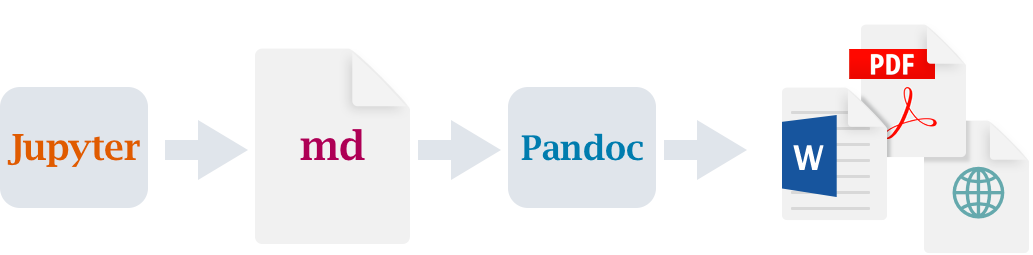 工作流程图，从Jupyter笔记本开始，然后是md，然后是pandoc，然后是PDF、MS Word或HTML。