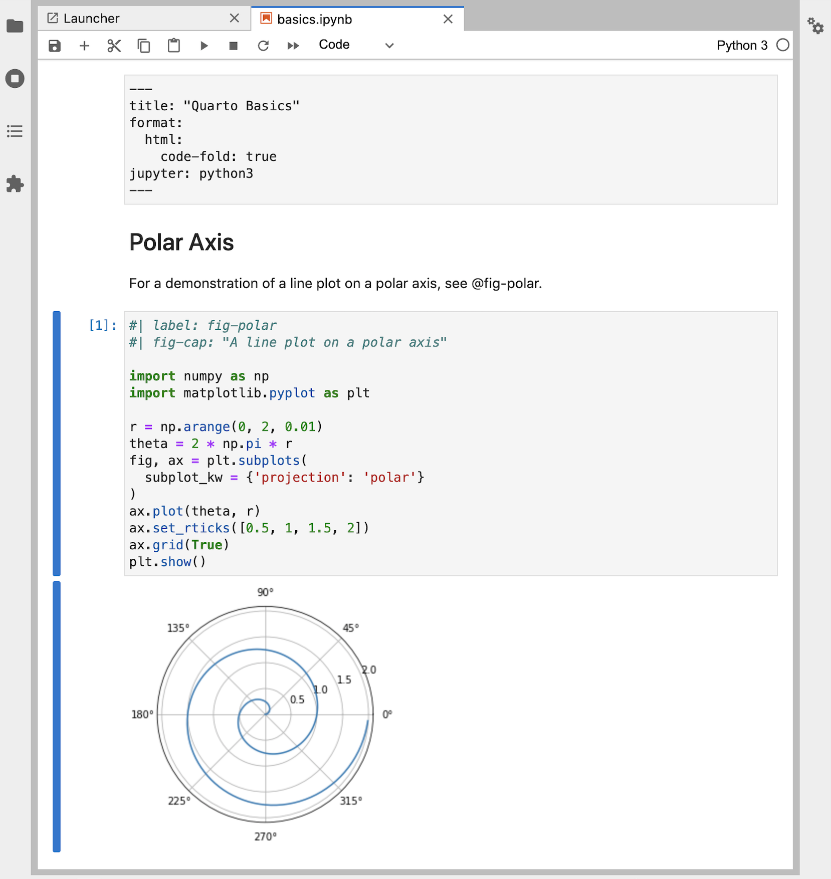 一个标题为 Quarto Basics 的 Jupyter notebook，包含一些文本、一个代码单元格以及代码单元格的结果，这是一个极坐标轴上的线图。