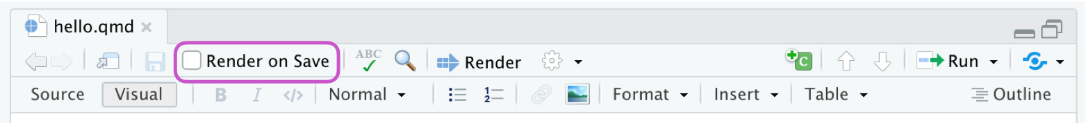 RStudio 文本编辑器的顶部，保存时渲染复选框已勾选并以紫色框突出显示。