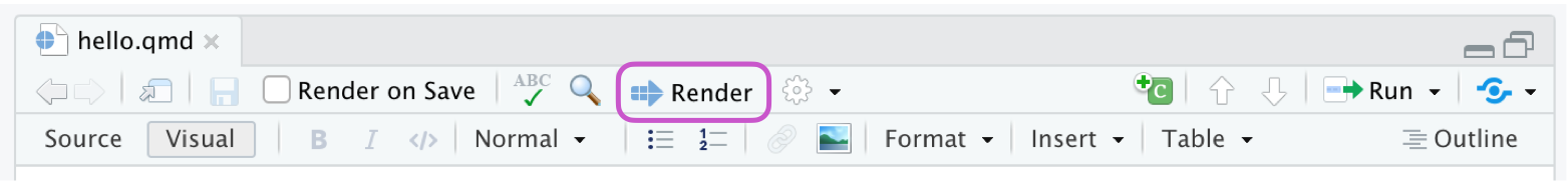 RStudio 文本编辑器的顶部，渲染按钮以紫色框突出显示。