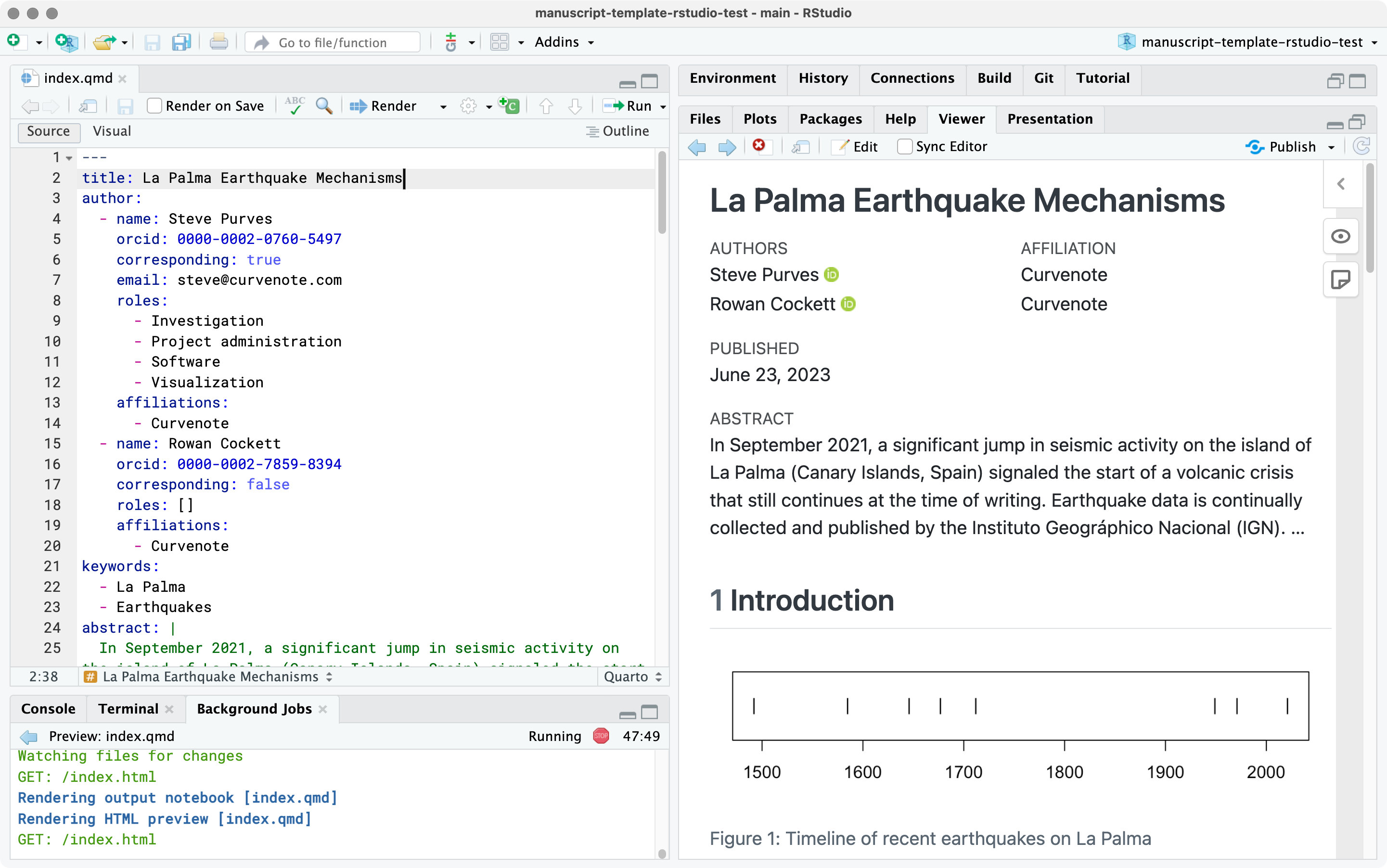 RStudio IDE 的屏幕截图。源窗格中打开了一个名为 index.qmd 的文件，文本为 title: La Palma Earthquake Mechanisms。查看器窗格中打开了一个标题为 La Palma Earthquake Mechanisms 的文章网页。