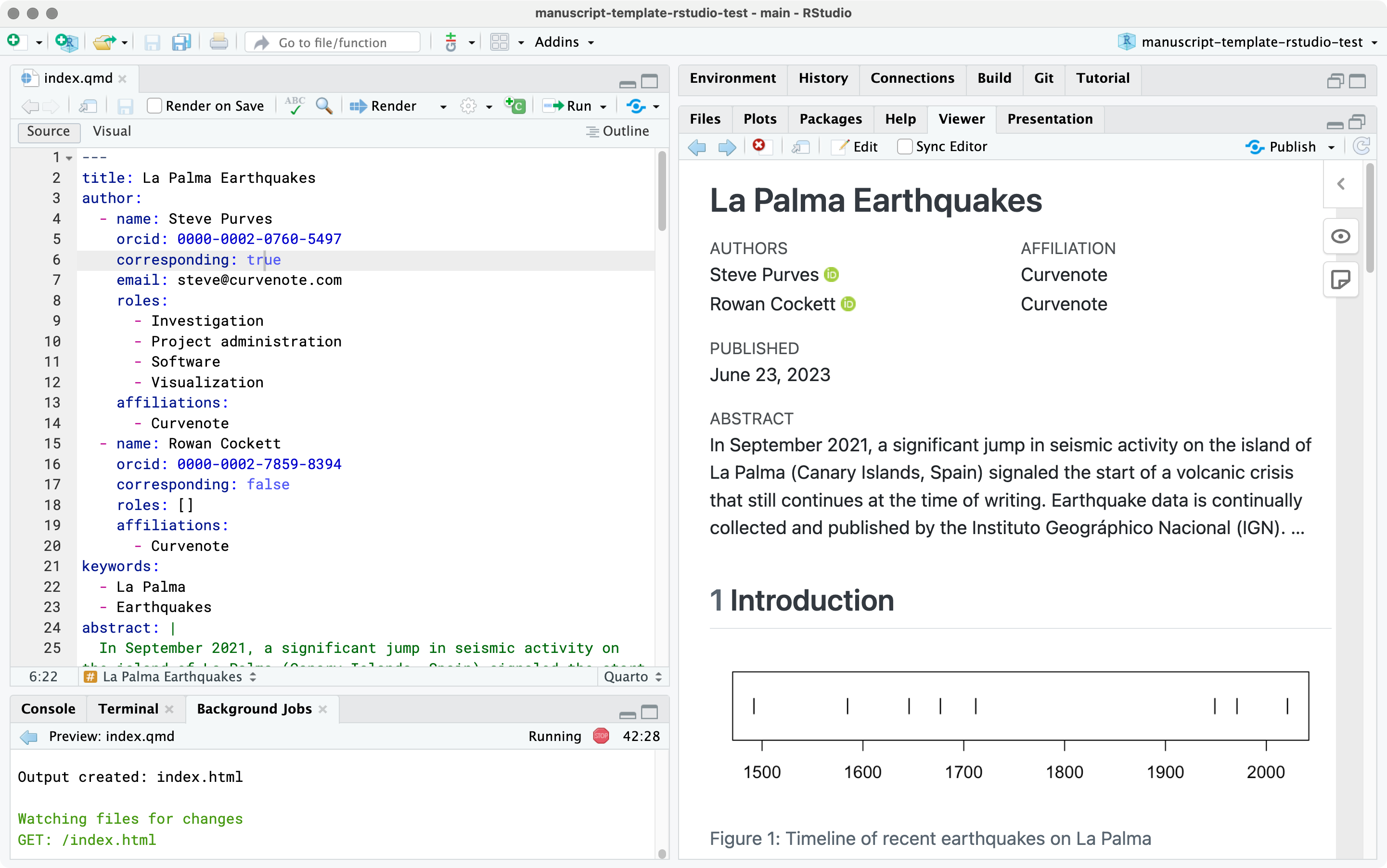 RStudio IDE 的屏幕截图。源窗格中打开了一个名为 index.qmd 的文件。查看器窗格中打开了一个以标题 La Palma Earthquakes 开头的网站。