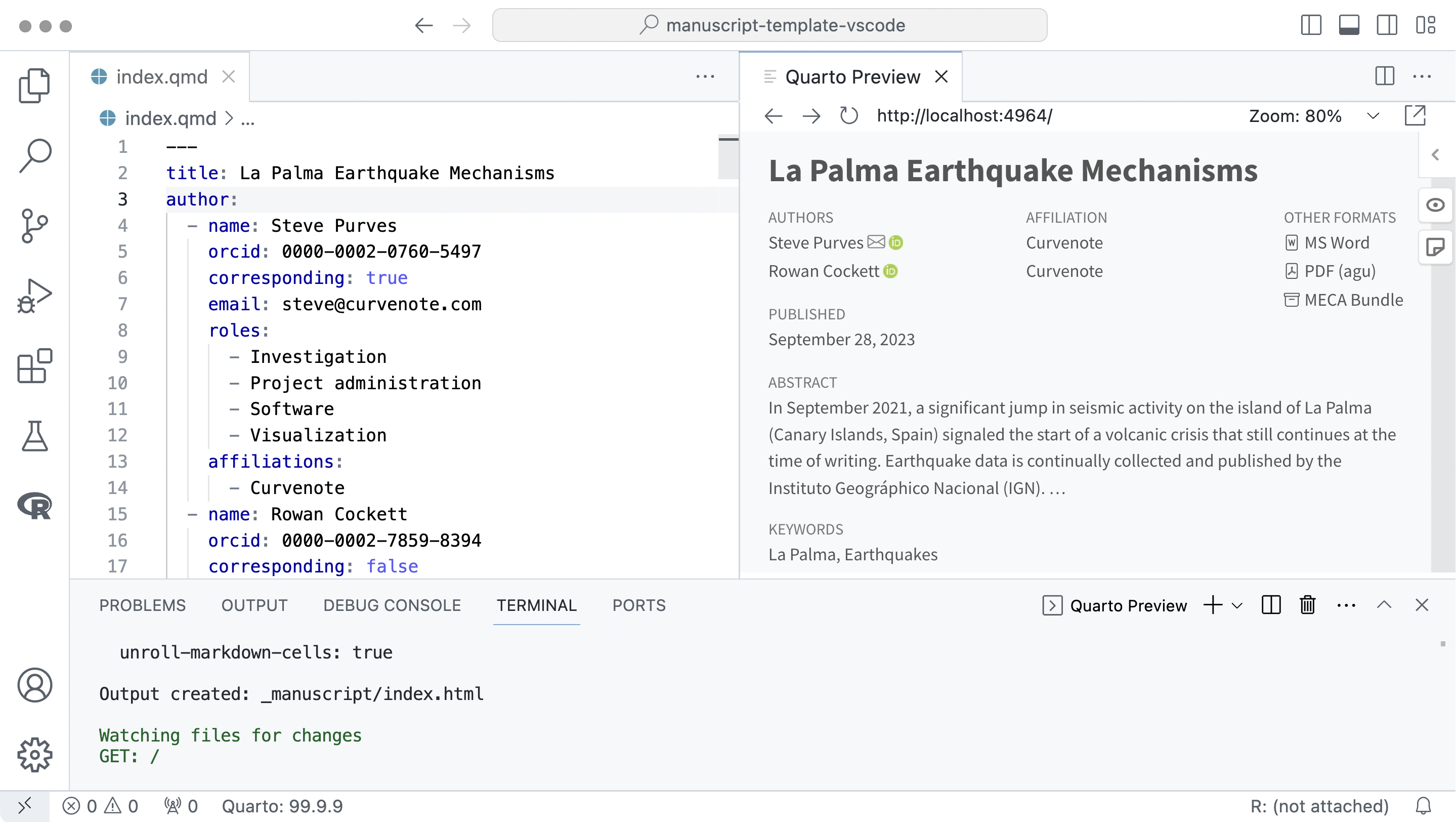 VS Code 的屏幕截图。编辑器窗格中打开了一个名为 index.qmd 的文件，文本为 title: La Palma Earthquake Mechanisms。Quarto 预览窗格中打开了一个标题为 La Palma Earthquake Mechanisms 的文章网页。