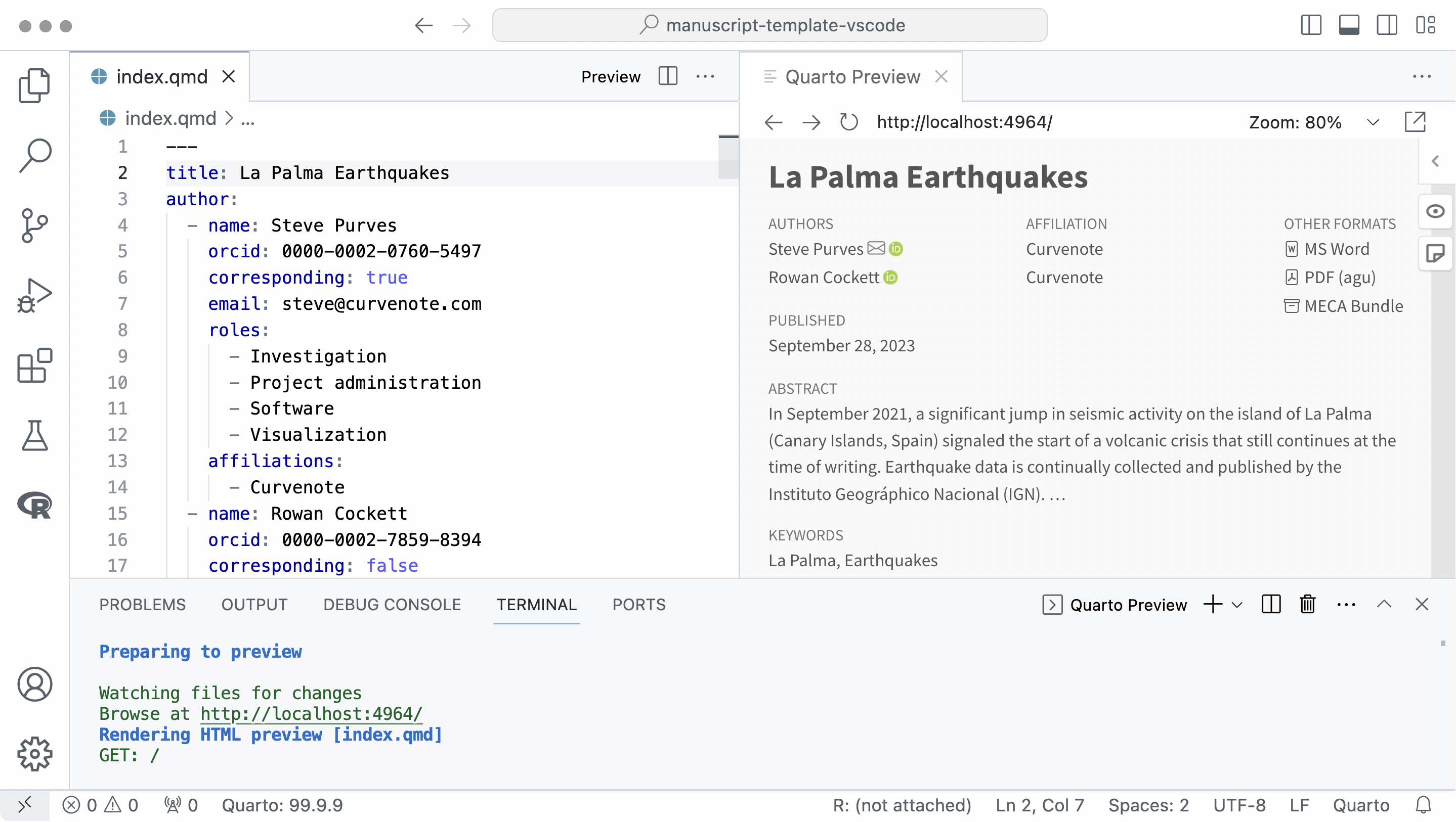 VS Code 的屏幕截图。编辑器窗格中打开了一个名为 index.qmd 的文件。标题为 Quarto 预览的窗格中打开了一个以标题 La Palma Earthquakes 开头的网站。