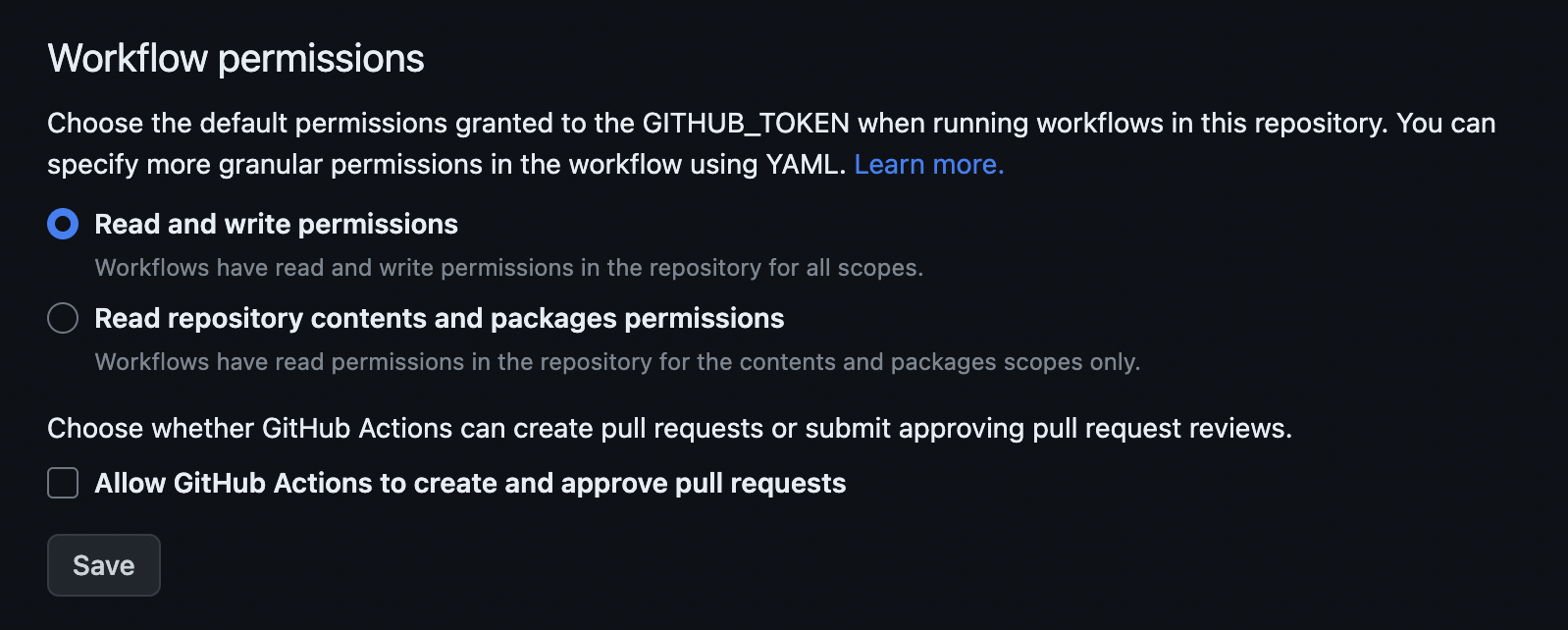 GitHub 仓库设置的截图，显示在 Workflow Permissions 标题下，'Read and Write Permission' 选项旁边的复选框已勾选。