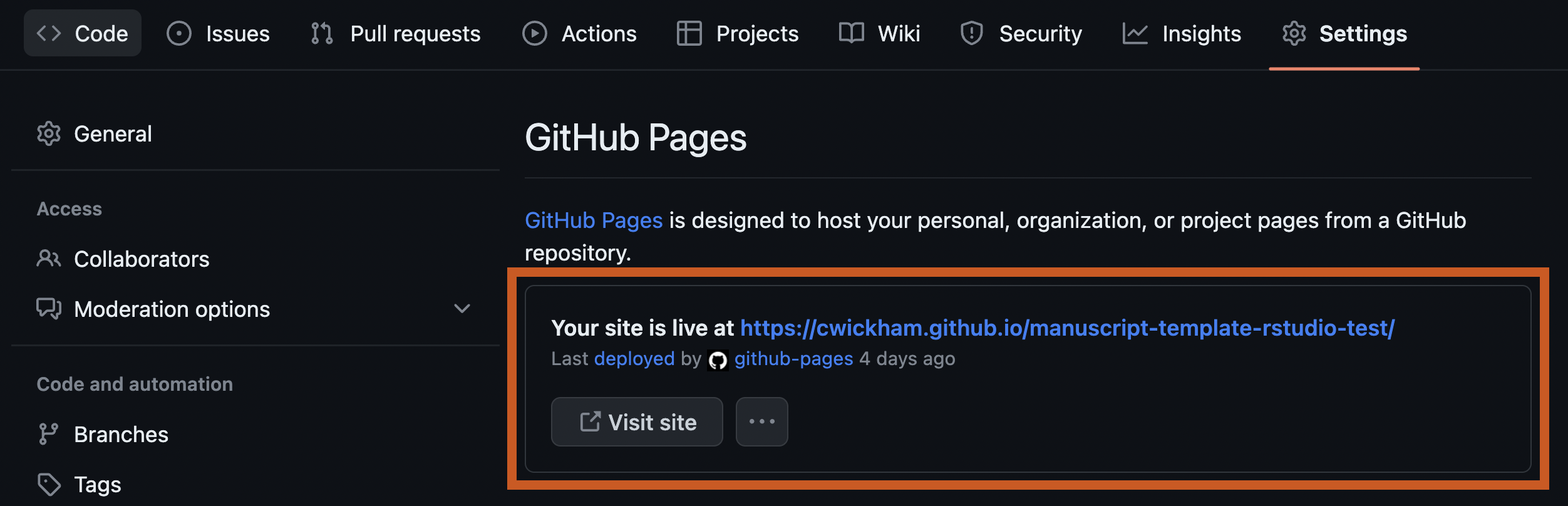 GitHub Pages 设置的截图：在标题 GitHub Pages 下，一个对话框以 'Your page is live at:' 开头，后面跟着一个 URL。