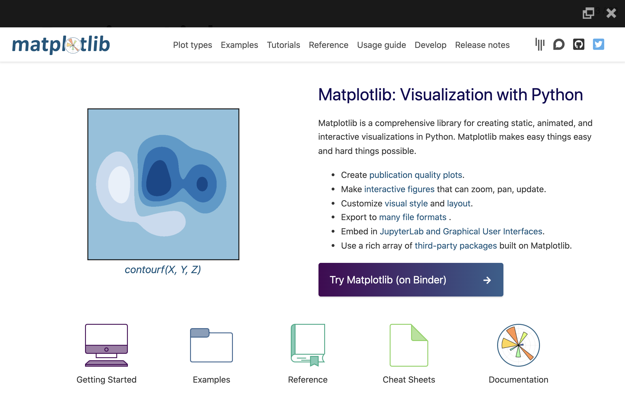 matplotlib 着陆页的屏幕截图。