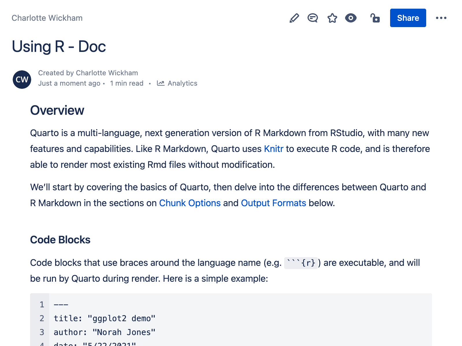 一个带有标题 Using R - Doc 的文档在 Confluence Space 中的截图。