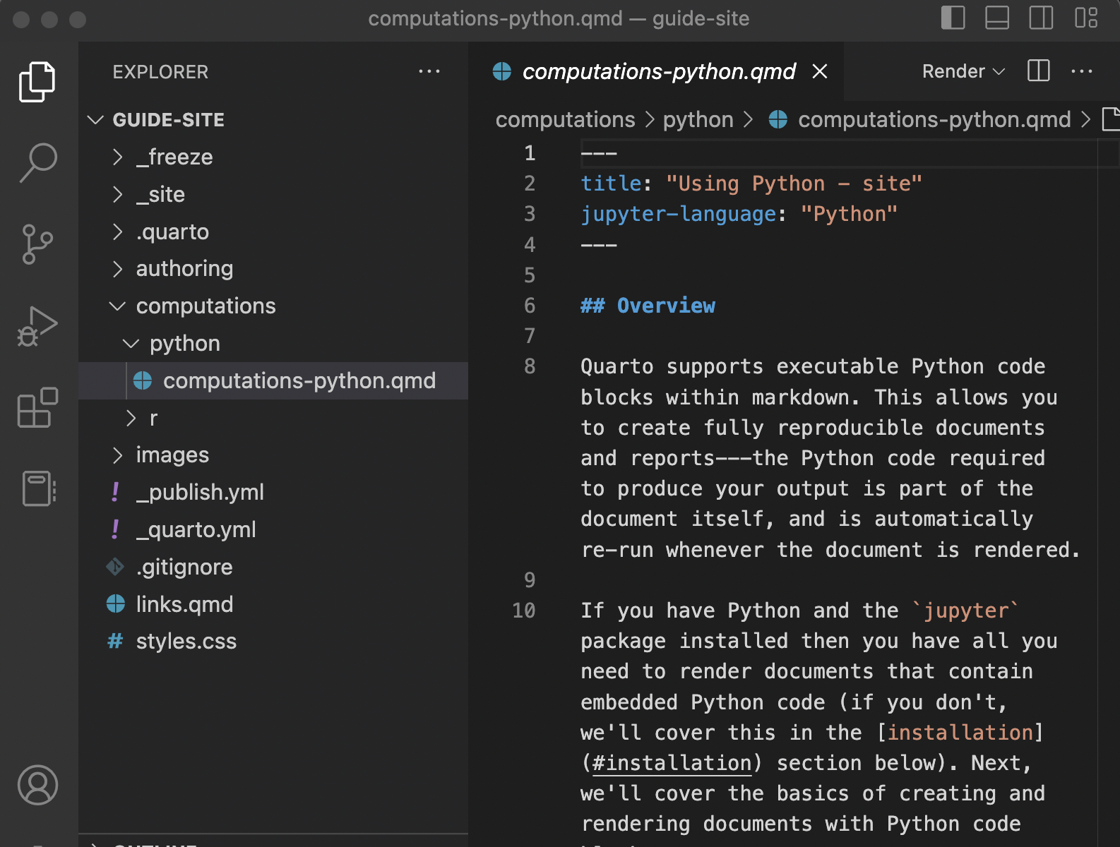 VS Code 中一个 Quarto 项目的截图。在左侧的资源管理器中，项目文件夹名为 'Guide-site'，包含 'authoring' 和 'computation' 文件夹以及其他一些文件。在 'computations' 文件夹内的 'python' 文件夹中，一个标题为 'Using Python - site' 的文档在源代码面板中打开。