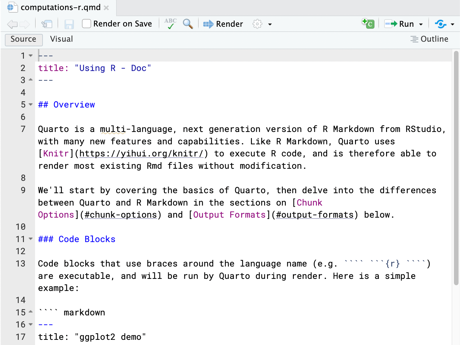 一个带有标题 Using R - Doc 的 Quarto 文档在 RStudio 编辑器中的截图。