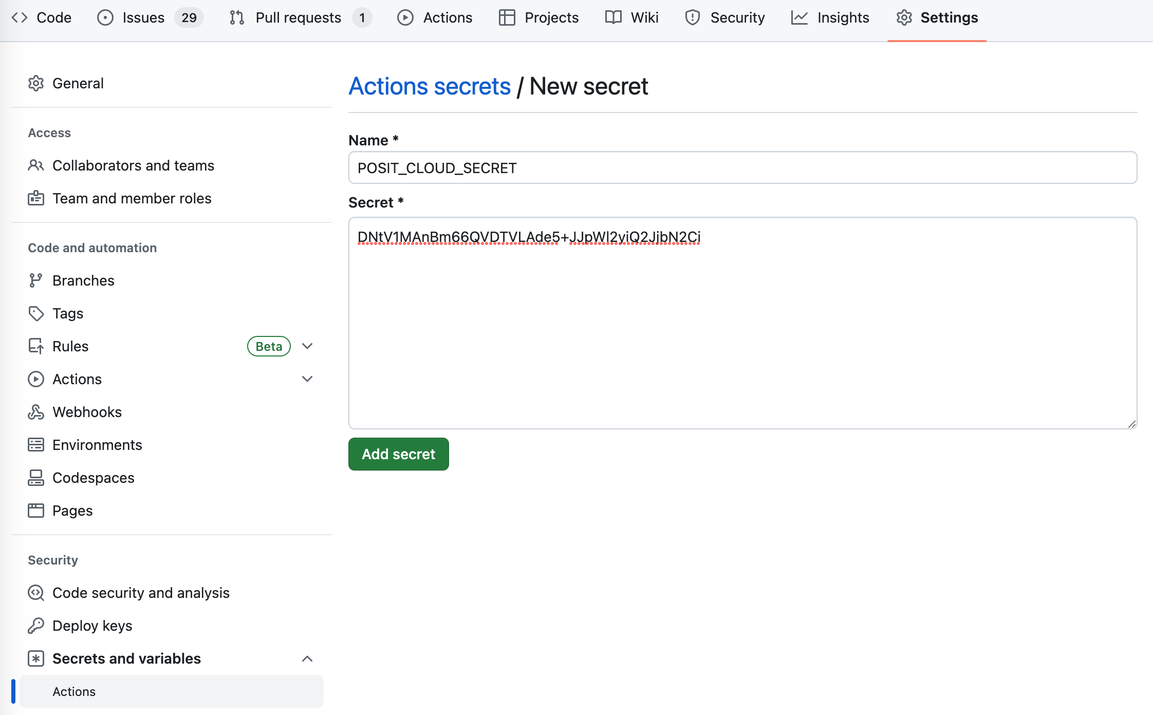 GitHub 仓库添加新 Actions 密钥页面的截图。