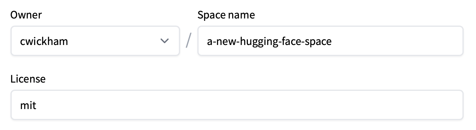 Hugging Face 空间创建界面的截图，包含三个文本框，分别标记为：所有者、空间名称和许可证。