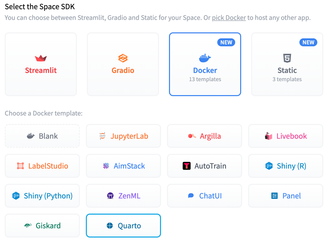 Hugging Face 选择空间 SDK 和模板的界面截图。Docker SDK 和 Quarto 模板被突出显示。