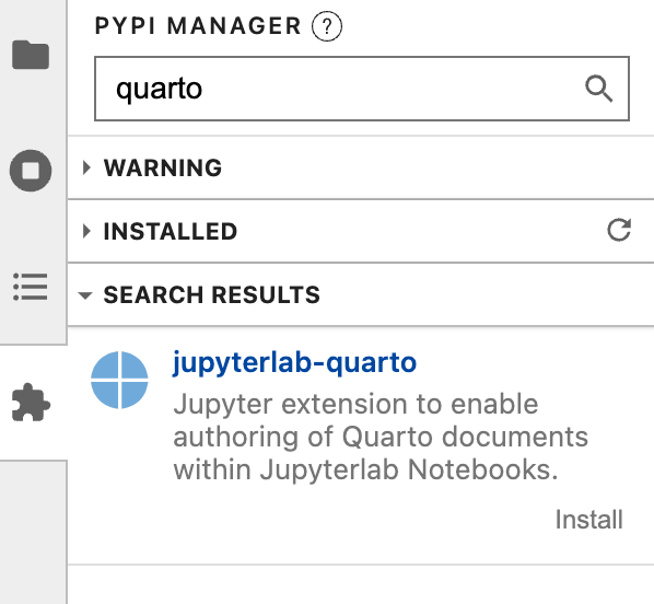 Jupyter Lab 扩展管理器的屏幕截图，搜索框中输入了 'quarto'，并显示了一个名为 'jupyterlab-quarto' 的搜索结果。