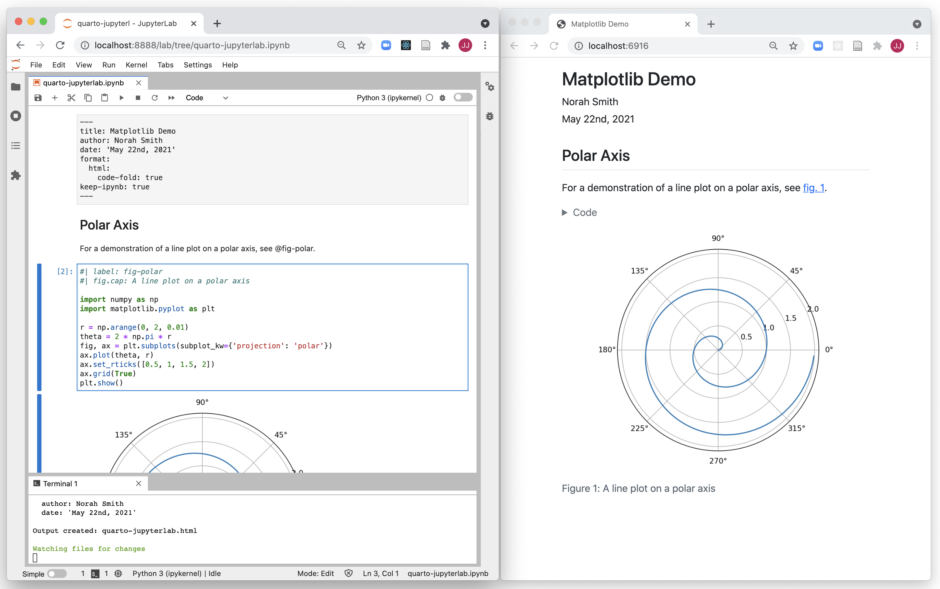 两个并排排列的网络浏览器窗口。左边的窗口是 JupyterLab 窗口。这个 Jupyter 文档的内容由 Quarto 在右边的窗口中渲染。