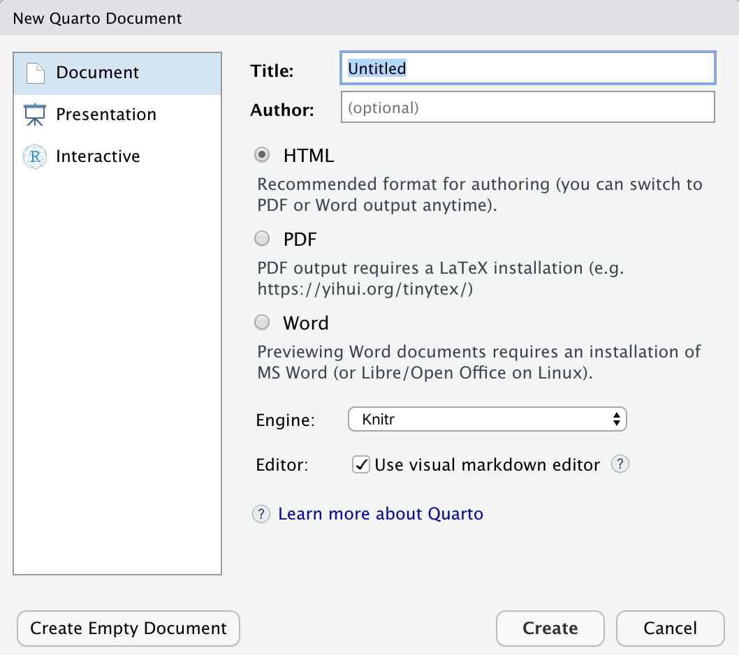 RStudio 中的 '新建 Quarto 文档' 对话框菜单。