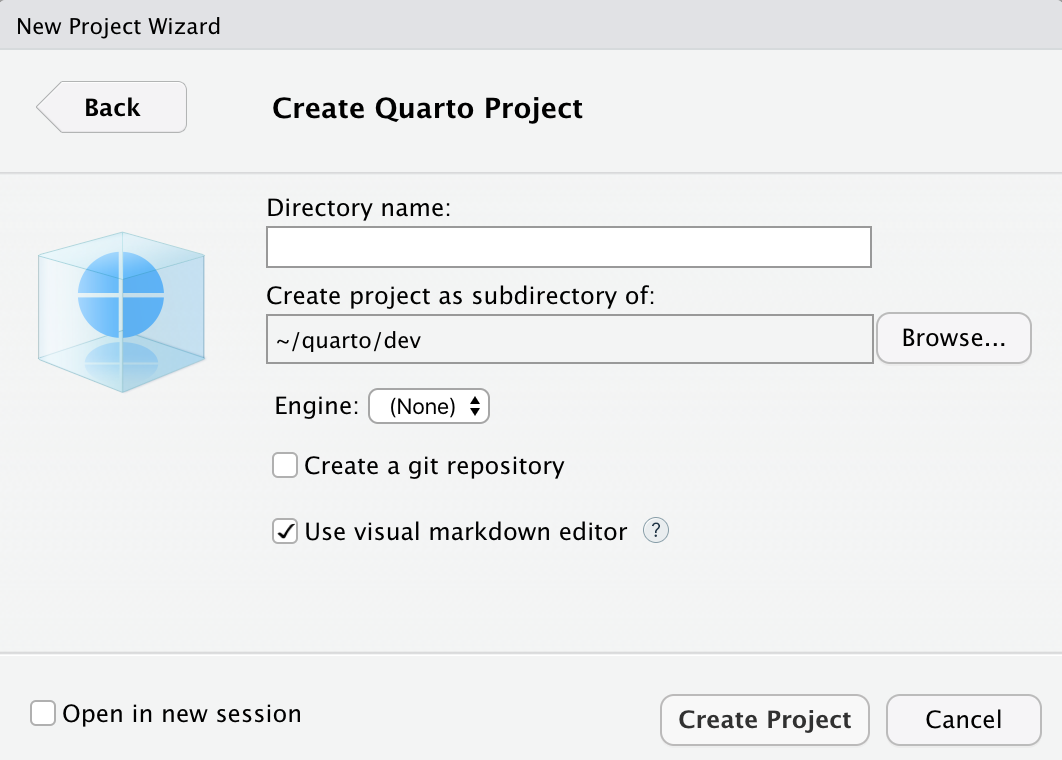 RStudio 的 '新建项目向导' 菜单的一部分。此部分标题为 '创建 Quarto 项目'。左侧显示 Quarto 标志。右侧有 '类型'、'目录名称' 和 '将项目创建为子目录：' 的字段。下面有 '引擎'、'创建 git 仓库' 和 '使用 renv 与此项目' 的选项。'引擎' 选项设置为 'Knitr'。窗口右下角有并排的 '创建项目' 和 '取消' 按钮。左上角有一个 '在新会话中打开' 的选项。