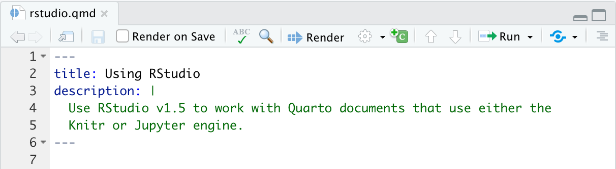 RStudio 中显示的 qmd 文件顶部部分。文档上方有一个工具栏，包含各种选项，包括 'Render'。有一个分段蓝色箭头指向该词。