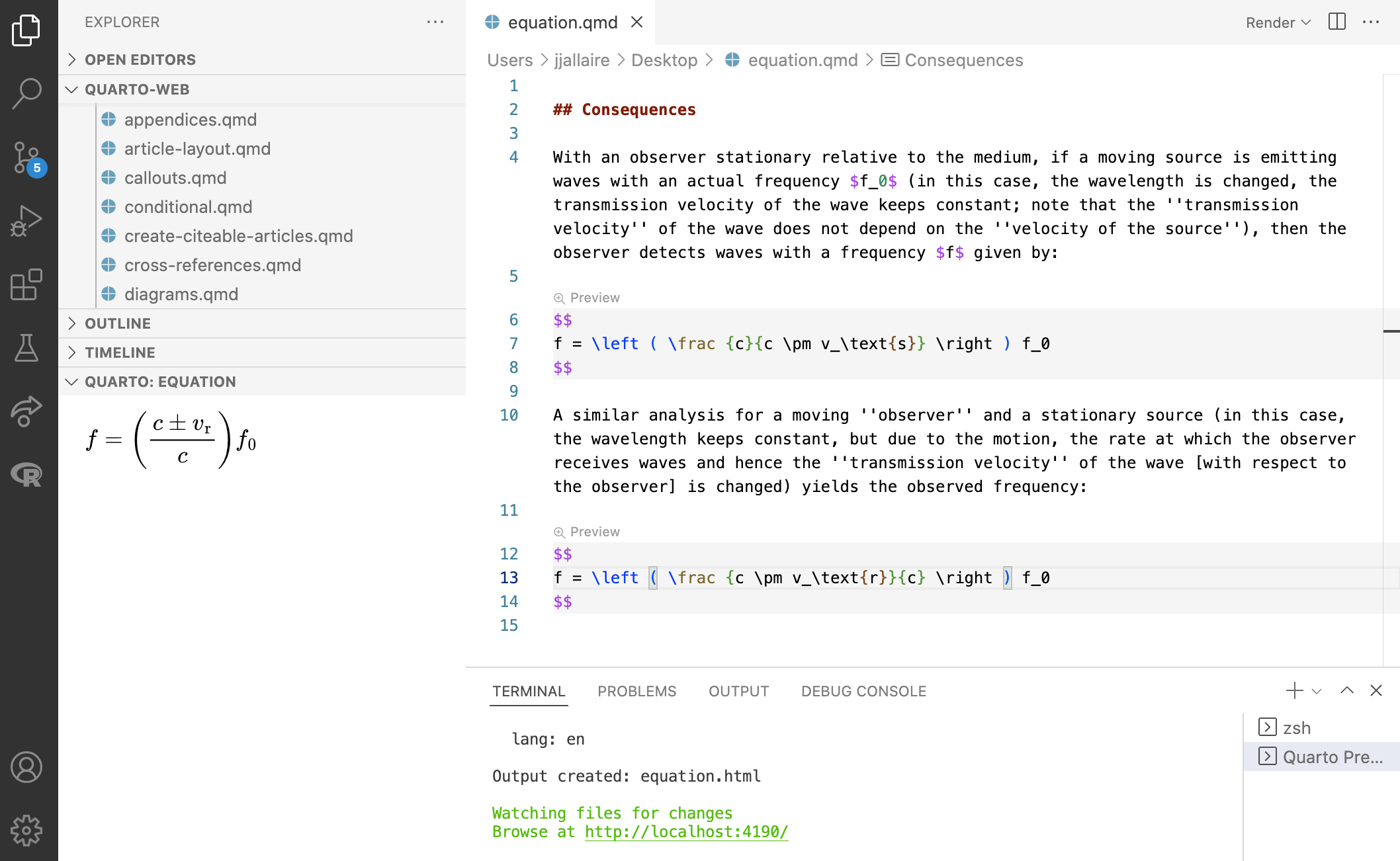 在 VS Code 中打开的 Quarto 文档，左侧面板的 'Quarto Equation' 部分显示了 LaTeX 方程。