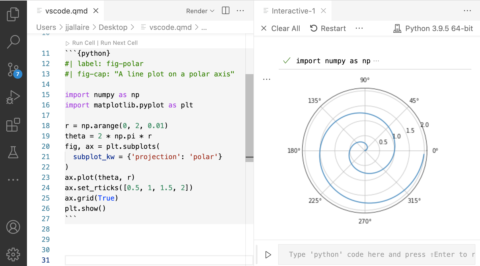 VS Code 打开两个窗格，vscode.qmd 源代码在右侧，该代码的交互式输出显示在左侧的第二个窗格中。