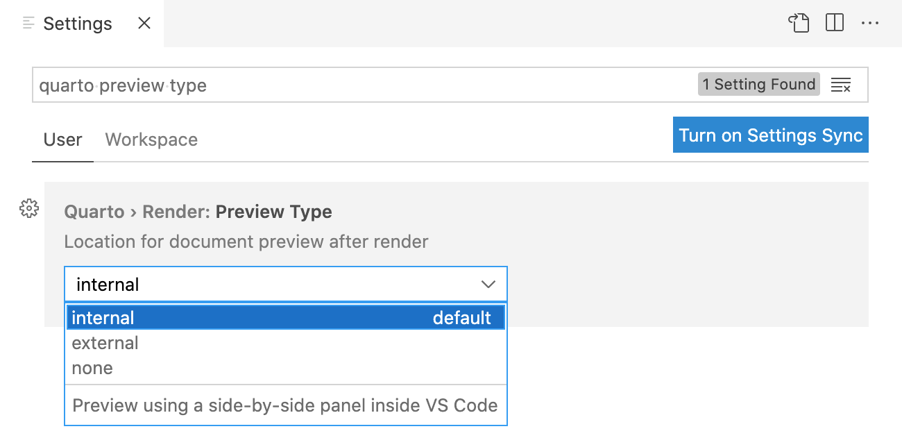 VS Code 设置界面，搜索栏中输入了 'quarto preview type'。用户设置显示了 Quarto > 渲染: 预览类型，有一个下拉菜单可以选择渲染后文档预览的位置。默认选项是 '内部'，它使用 VS Code 中的并排面板进行预览。下拉菜单中的另外两个选项是 '外部' 和 '无'。
