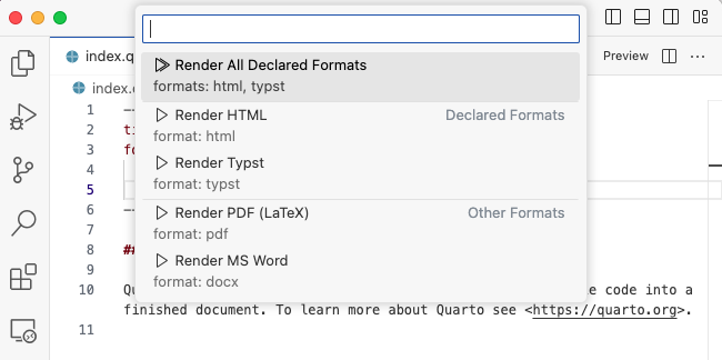 Visual Studio Code编辑器的顶部。命令面板显示了一个快速选择列表，列出了可渲染的格式。