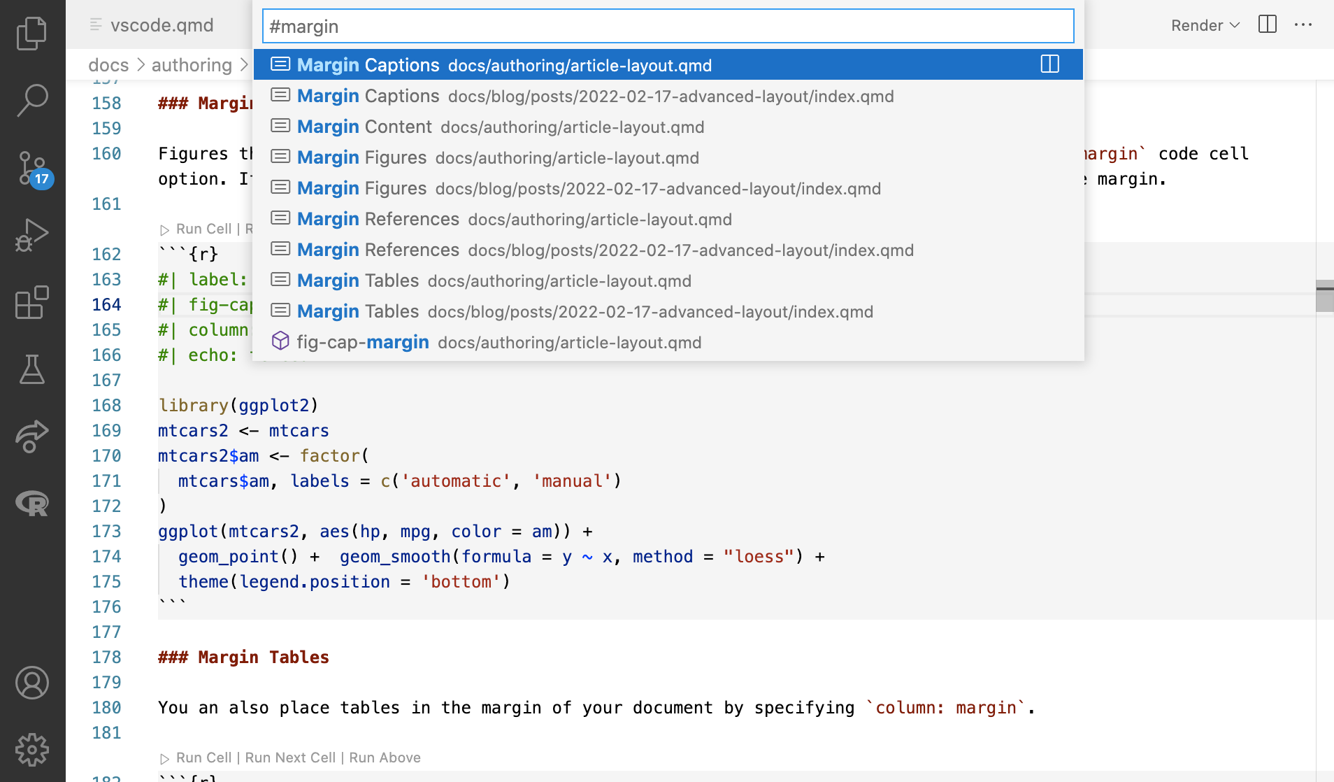 VS Code 中的 Quarto 文档，命令面板打开，显示项目中的文件，输入的术语为 'margin'。