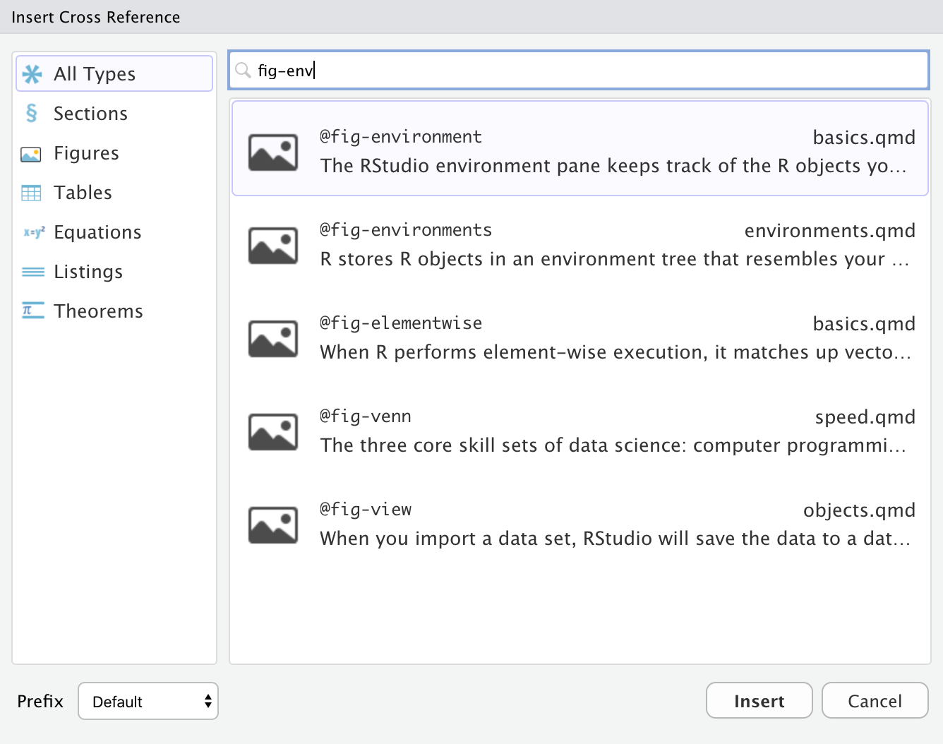 R Studio中的'插入交叉引用'窗口。左侧有一个垂直部分，占窗口大约四分之一，选项包括'所有类型'、'章节'、'图表'、'表格'、'方程'、'列表'和'定理'。右侧窗口顶部是一个搜索栏，输入了'fig-env'。下面是一个大的搜索结果窗格，占据了窗口的其余部分。每个搜索结果都有一个形如'@fig-env*'的标题、左侧的图像图标、右侧的文件名以及一些找到引用位置的周围文本。