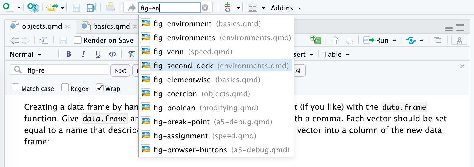 RStudio IDE窗口的顶部部分。搜索栏位于页面中心顶部，输入了'fig-en'，搜索结果显示在其下方。每个搜索结果都有一个黑色标题'fig-en*'、左侧的图像图标，以及右侧括号中的文件位置和浅灰色文本。