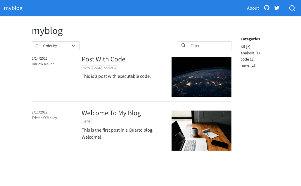 博客页面的截图。顶部导航栏左侧显示博客标题（'myblog'），右侧显示：'About'、一个GitHub图标、一个Twitter图标和一个搜索图标。主体部分按日期顺序列出了两篇文章，标题、标签、描述和预览。主体右侧显示分类，旁边有文章计数。