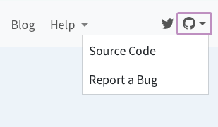Quarto 导航栏的右侧部分，包含一个 Twitter 和 Github 图标。Github 图标被选中，其下方有一个菜单，包含两项：'Source Code' 和 'Report a Bug'