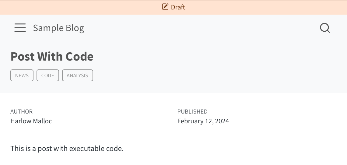标题为“带有代码的文章”的截图，显示页面顶部有一个标题为“草稿”的横幅。