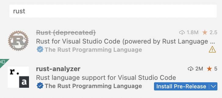 Rust扩展在扩展搜索中显示为已弃用