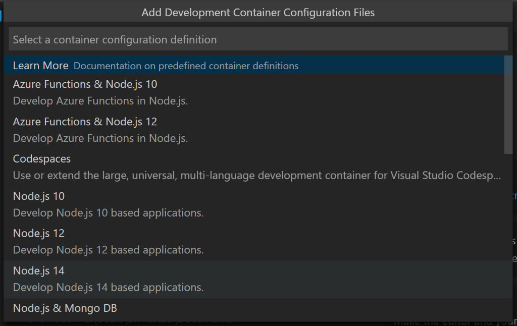 命令面板：Node.js 14